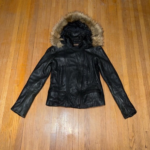 Danier Jackets & Blazers - Danier Black Leather Jacket with Faux-Fur Hood